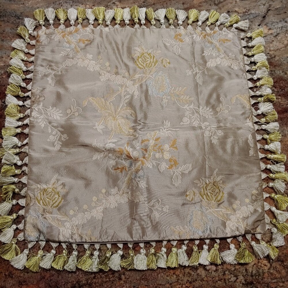 Ethan Allen Silk Fringed Floral Reversible Throw Pillow Cover 20"
